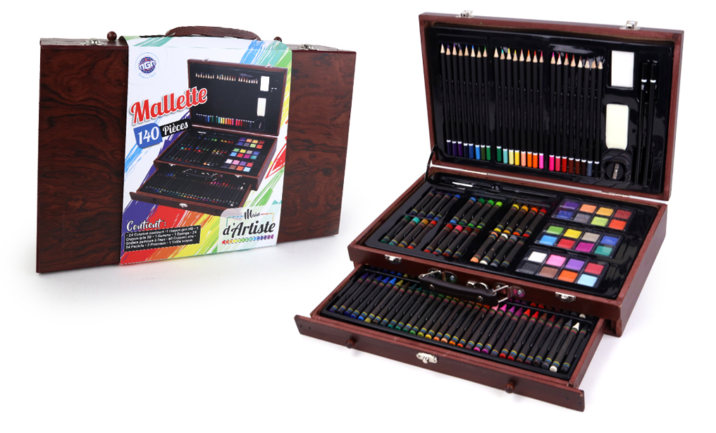 malette bois 140 pieces 030219 24 CRAYONS COULEUR + 2 CRAYONS 1 2B+1HB+GOMME  J26