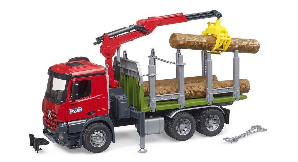 Camion BRUDER Mercedes Benz Arocs porte troncs avec grue et 3 troncs 3669  J23