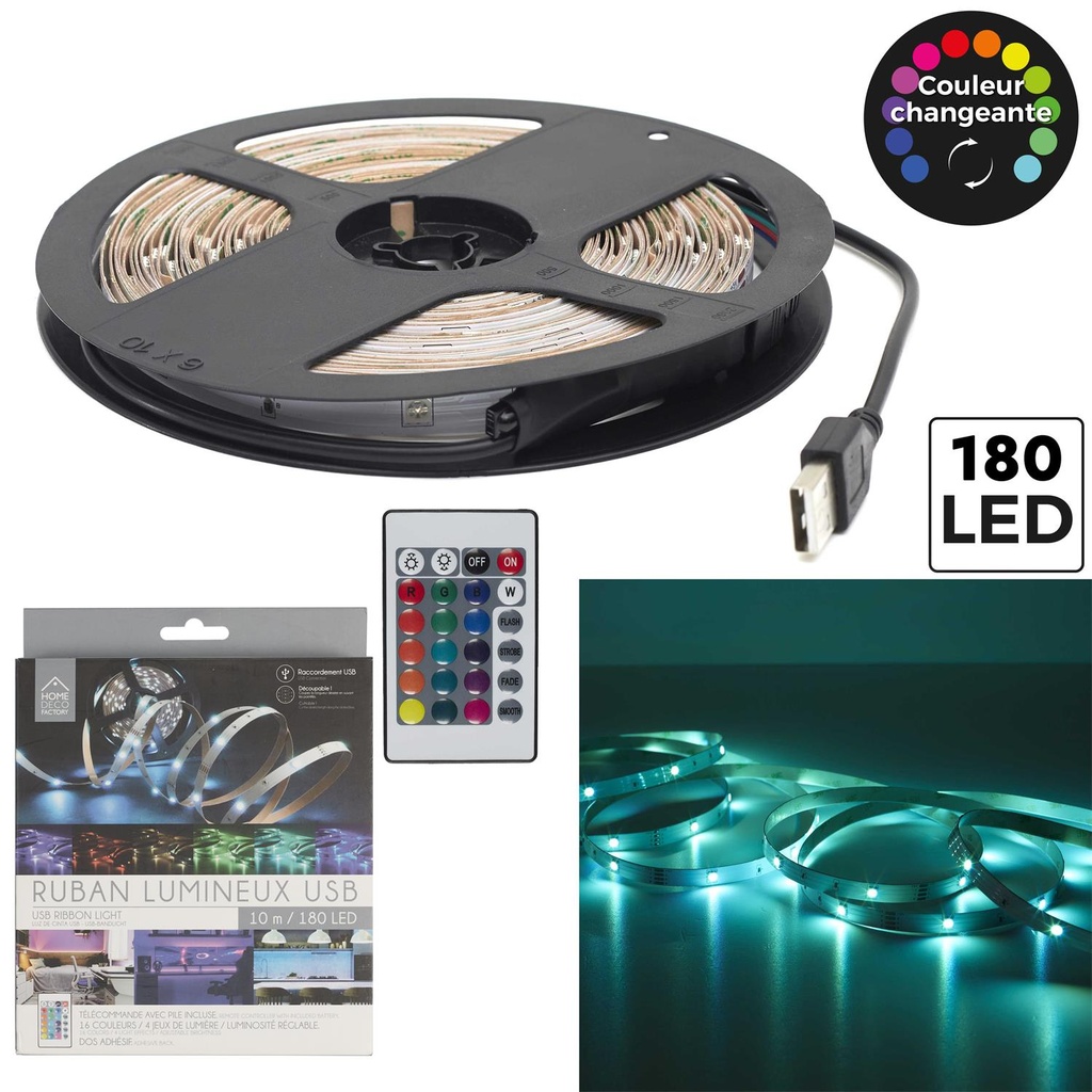 RUBAN RGB 180 LED 10M TELECOMMANDE LA0005