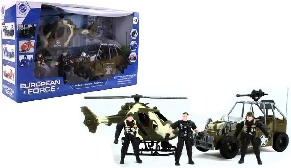BTE/ ARMEE HELICO ET AUTO 3 SOLDATS 43X11X24.5  APD 3 ANS 093478  J25