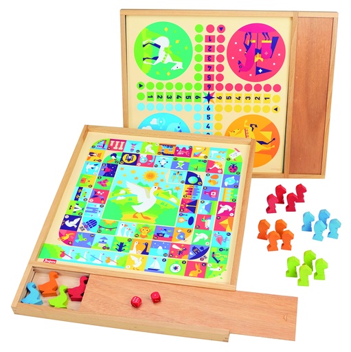 [224531jeu] JEUX DE L'OIE ET PETITS CHEVAUX - PLATEAU AVEC PLUMIER EN BOIS  8117  J24